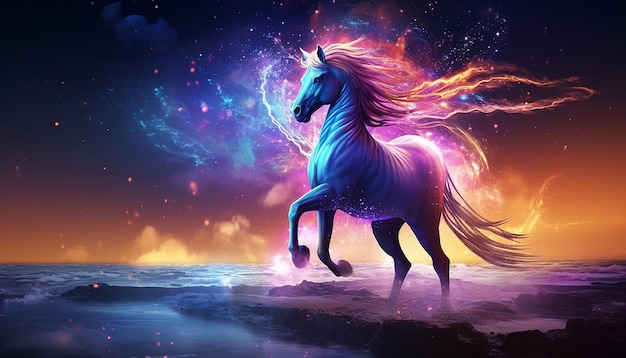 Photo rainbow unicorn splashing in the shallows of a moonlit sea with silvery