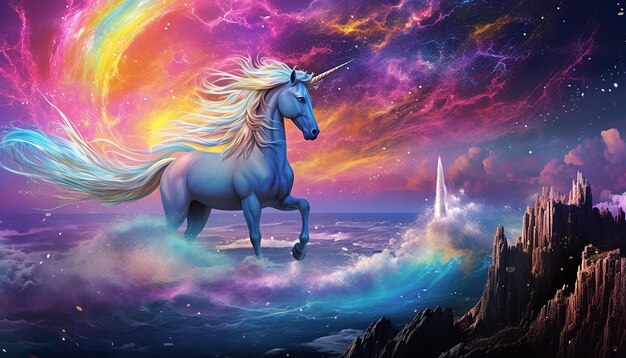 Photo rainbow unicorn splashing in the shallows of a moonlit sea with silvery