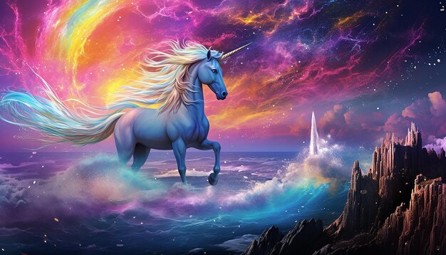 Foto l'unicorno arcobaleno che schizza nelle profondità di un mare illuminato dalla luna con argento