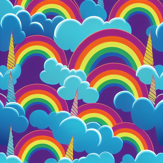 Rainbow unicorns in the sky with clouds