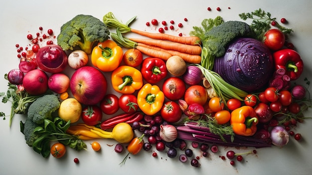 A rainbow of vegetables is shown with a red heart on the top.