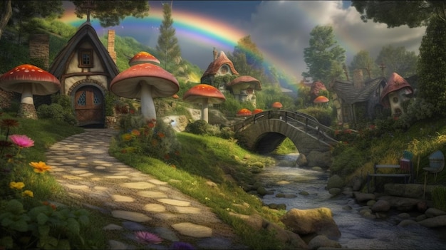 A rainbow over a village with a rainbow in the sky