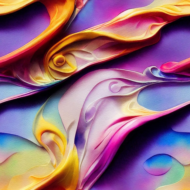 Rainbow volumetric seamless pattern in 3D style. Splash swirling multicolour repeat pattern