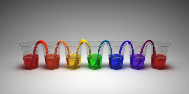 Фото Эксперимент по воды радуги гуляя на пустой предпосылке. концепция науки. очки в ряд с цветной водой и мокрой бумагой между ними.