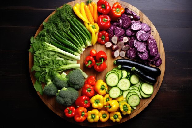 rainbow of washed vegetables arranged on a board created with generative ai