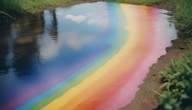 a rainbow on the water in a pond