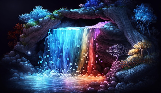 A rainbow waterfall in a dark forest