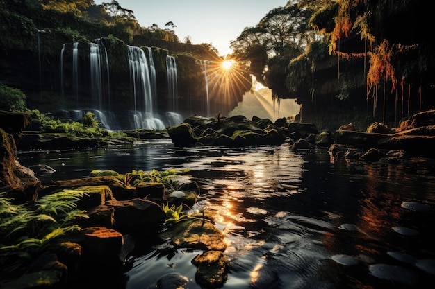 Rainbow on waterfall in the exuberant forest generative IA