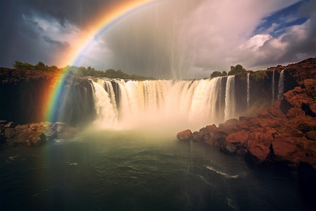 Premium AI Image | a rainbow over a waterfall in the sky