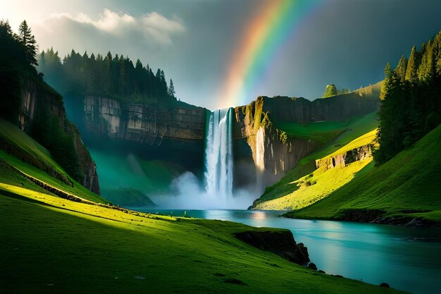 Photo a rainbow over a waterfall