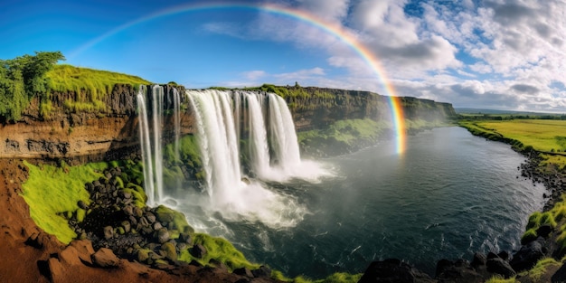 A rainbow over a waterfall