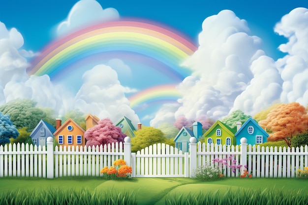 Rainbow and a white fence in the sky in the style of cute realistic photo