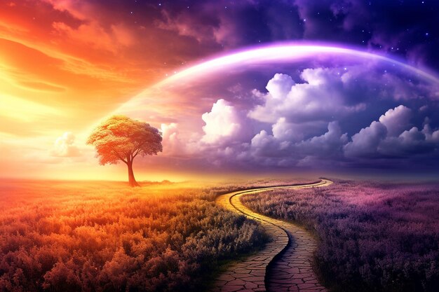 Photo rainbow over winding lavender paths wallpaper