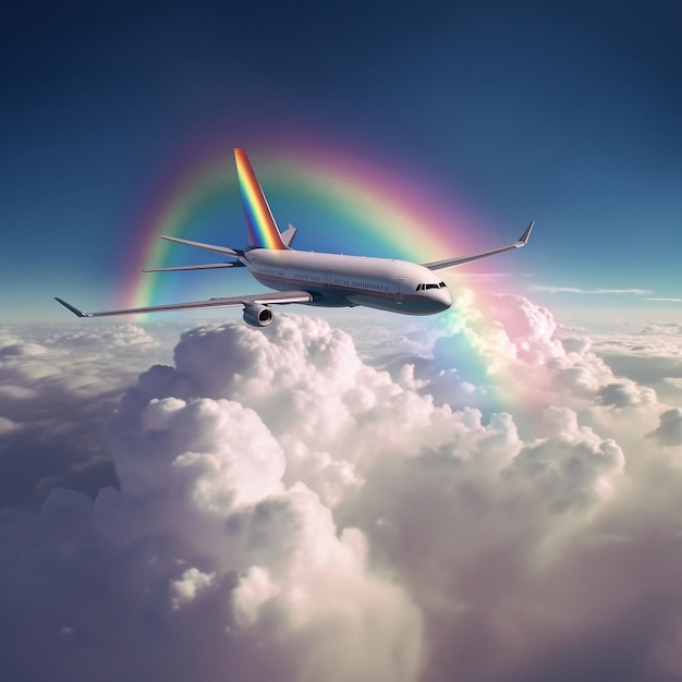 飛行中の飛行機の翼から見た虹 生成 AI
