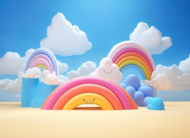 a rainbow with clouds and the background is blue in the style of sculpted