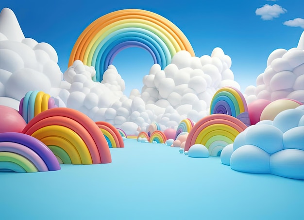 a rainbow with clouds and the background is blue in the style of sculpted