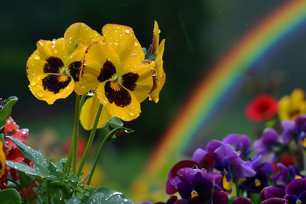 Foto arcobaleno con fiori nel cortile nello stile di sfondi minimalisti