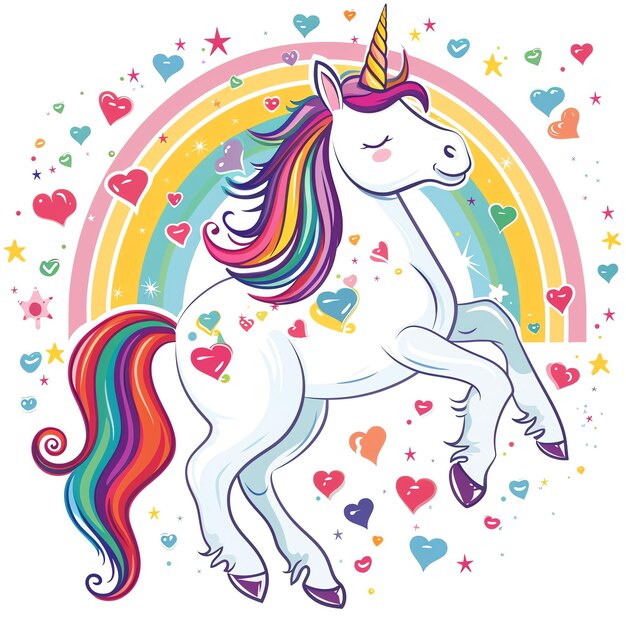 Photo a rainbow with many hearts and a unicorn