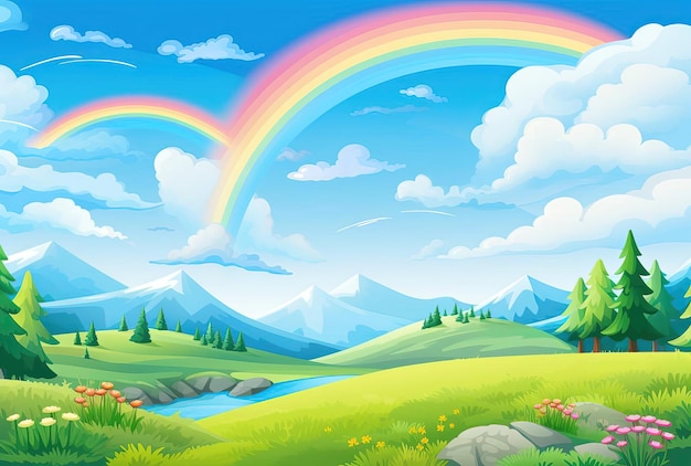 rainbow with mountains under blue sky 12510 in the style of whimsical multimedia