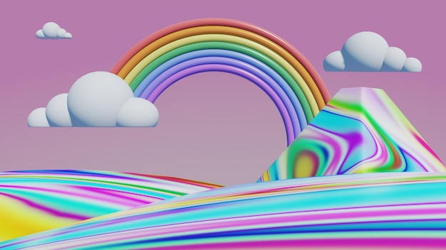 rainbow with mountains pastel, 3d render