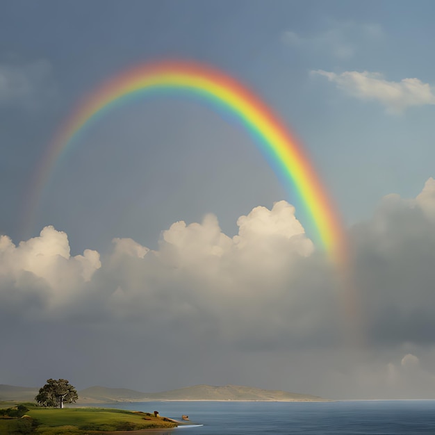 Photo rainbow with a rainbow in the sky and the water in the background