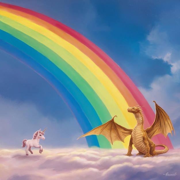 Photo a rainbow with three dragons and a horse in the sky