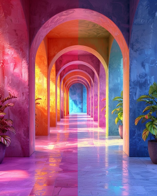 Photo a rainbowcolored archway leading into background