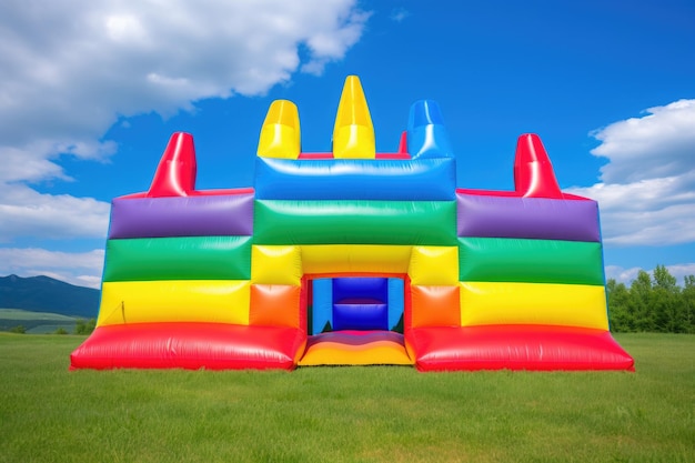 A rainbowcolored bouncy castle in an open field