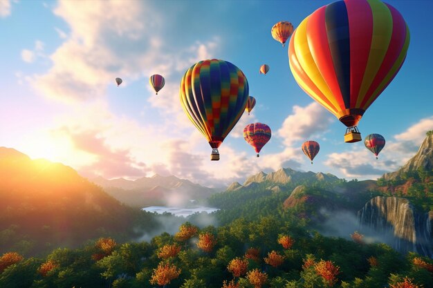 Rainbowcolored hot air balloons floating over a se 00741 03