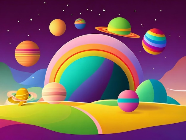 Foto un'illustrazione piatta rainbowcore di pianeti e stelle con uno sfondo di campo semplice