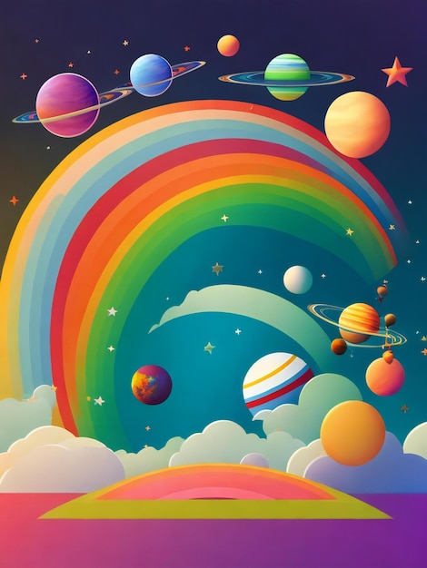 a rainbowcore flat illustration of planets and stars with a simple field background