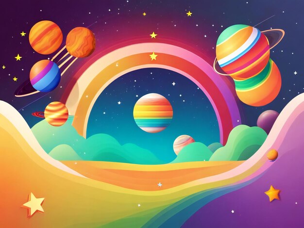 A rainbowcore flat illustration of planets and stars with a simple field background