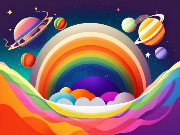 A rainbowcore flat illustration of planets and stars with a simple field background