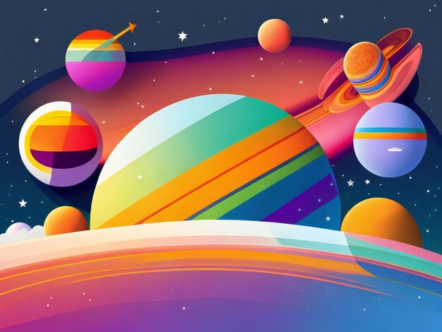 Photo a rainbowcore flat illustration of planets and stars with a simple field background