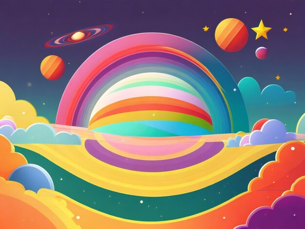 A rainbowcore flat illustration of planets and stars with a simple field background