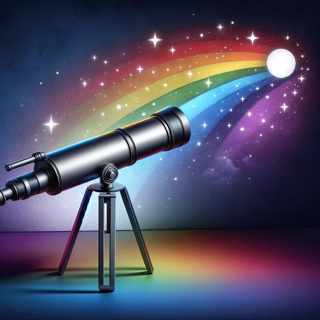 Foto telescopio dipinto con l'arcobaleno che guarda il cielo stellato per il giorno dell'orgoglio