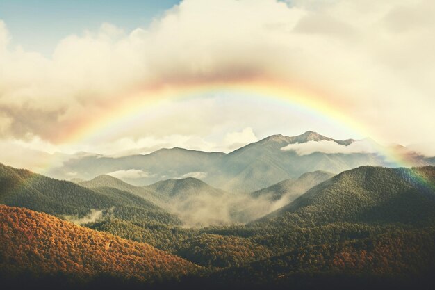 写真 嵐 の 後,山 の 谷 の 上 に 弧 状 の 虹 が 映っ て いる