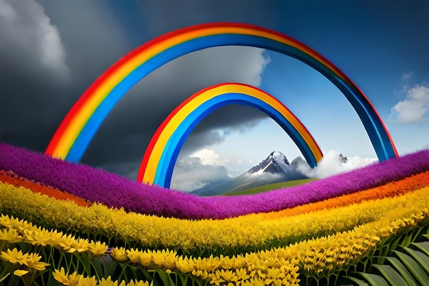 Rainbows in a field of flowers with mountains in the background