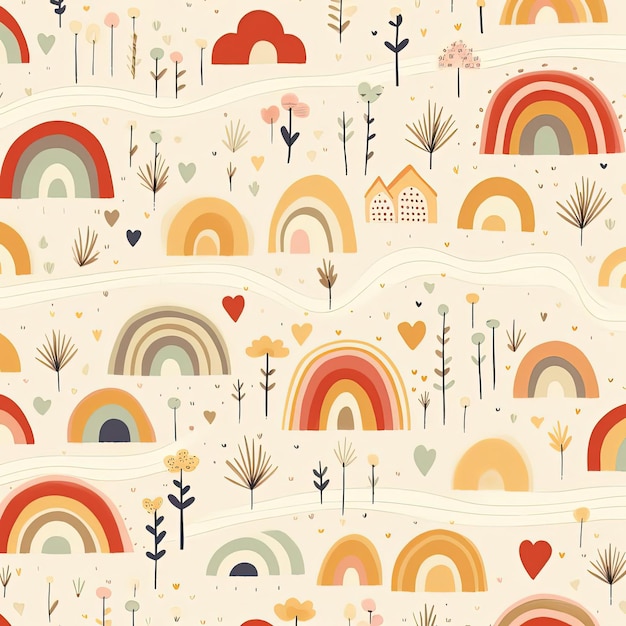 rainbows hearts seamless pattern by kid and house in the style of light beige