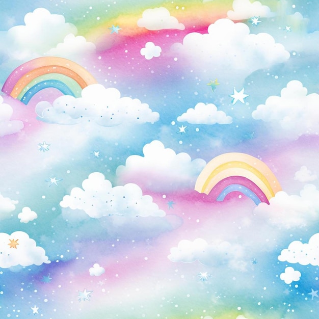 Rainbows in the sky and clouds with stars.