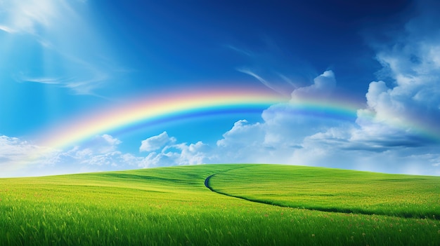 rainbows in the sky over a green field