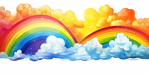 rainbows with clouds on a white background in the style of colorful drawings colorized