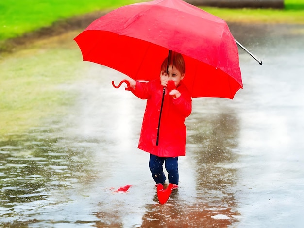 raincoat baby play rainy weather rain boots baby playing rain water people nature puddle jum