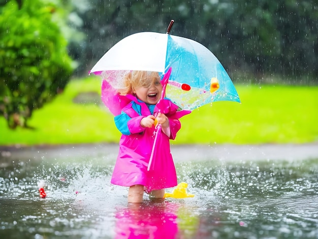 レインコート 赤ちゃんの遊び 雨の時 雨の靴 赤ちゃんが雨の時 水の時 人の時 自然の池の時