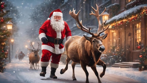 Raindeer and santa claus in the town with shiny light for christmas and new year holidays background