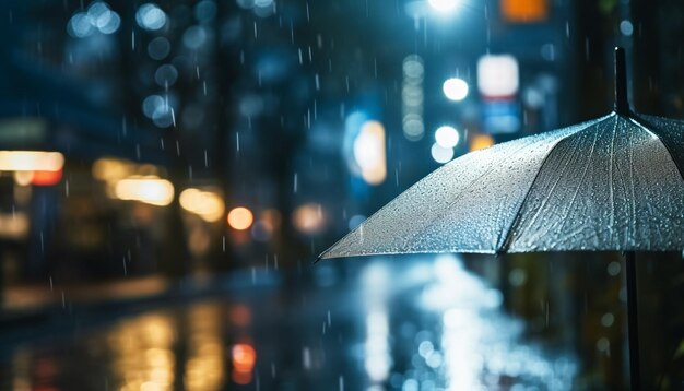 Raindrop on wet window reflects city lights at night generated by AI