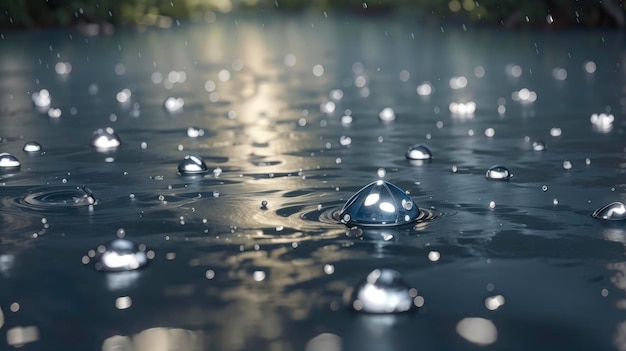 雨粒が空から水域の上に落ちている