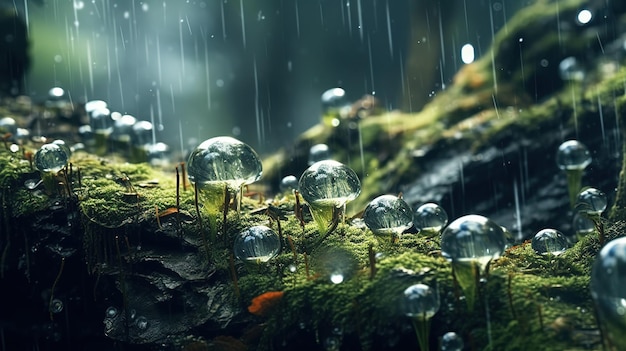 Foto le gocce di pioggia galleggiano su un tronco di muschio sotto la pioggia.