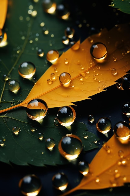 Raindrops on autumn leaves