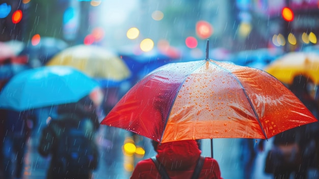 Raindrops and blured crowd of people with umbrellas in the city street Rain in the city